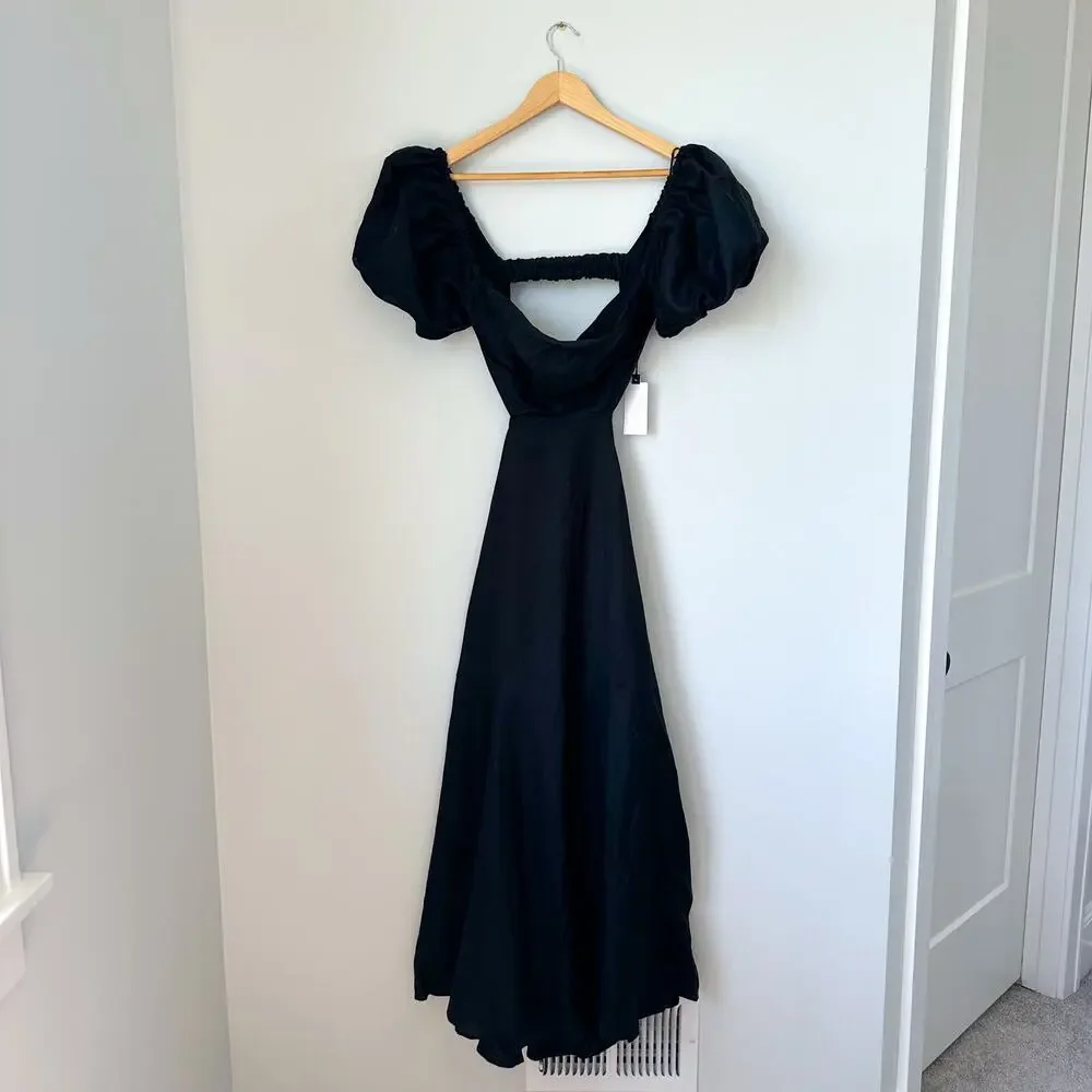 ASTR The Label Angeles Puff Sleeve Cutout Linen Dress Black S NWT - Picture 2 of 8